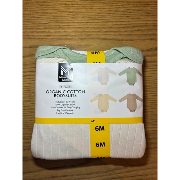 NWT Member's Mark 4-Pack Neutral Long Sleeve Organic Cotton Bodysuits - 6M - Picture 1 of 3